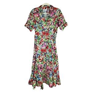 JG Hook 80s Vintage Linen Faux Wrap Colorful Abtract Floral Midi Dress Size 8